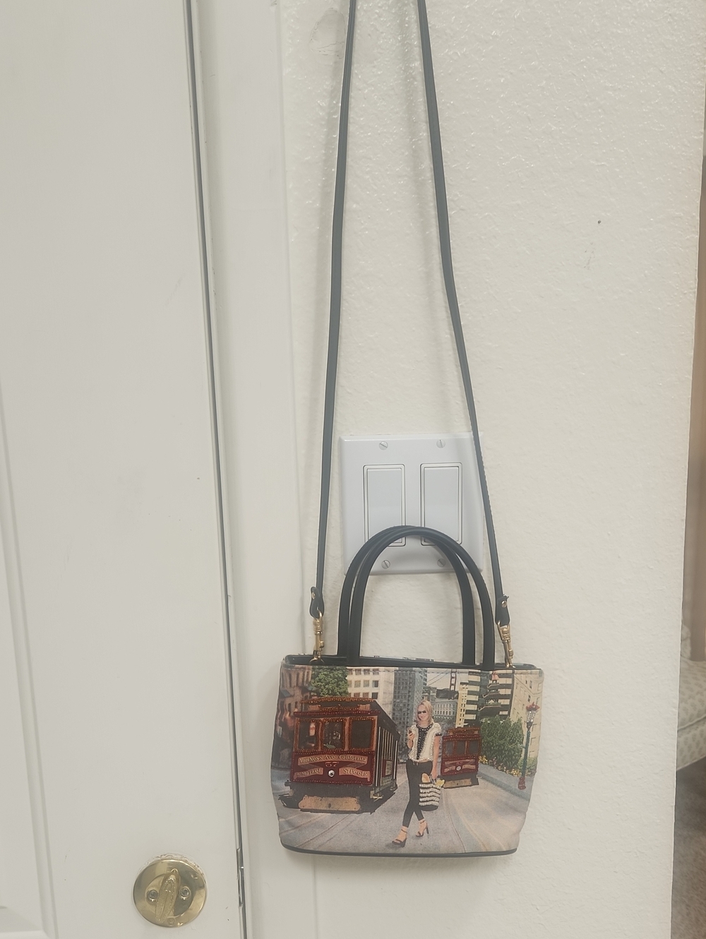 Vintage Printed Cable Car Crossbody Bag - Black Handles